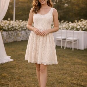 J Crew Swirling Lace Skater Dress Size 12 Sleeveless Ivory Beige Cotton Pockets